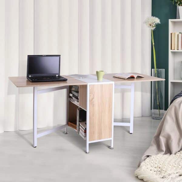HOMCOM Table Pliable de Cuisine pour 4 Personnes Table à Manger 4 niches intégrées pour Petit Espace dim. dépliées 169L x 62l x 75H cm MDF chêne Clair Acier Blanc