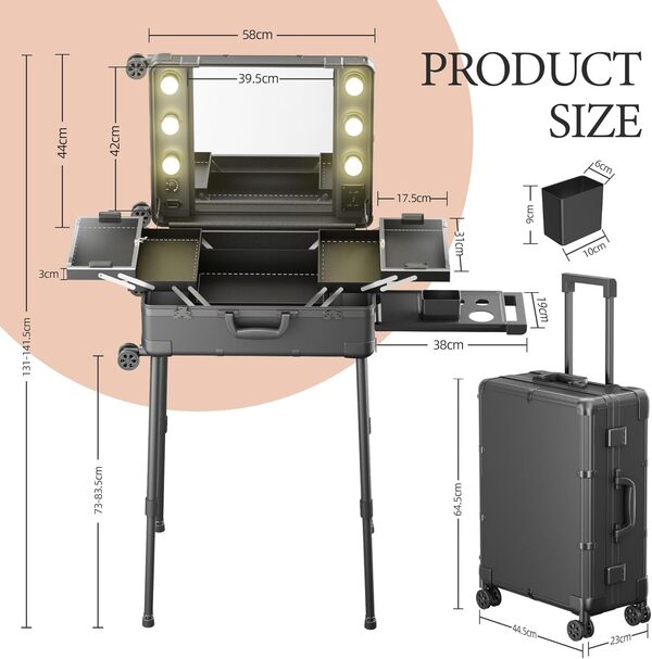 Valise de Maquillage à Roulettes en Aluminium, Grand Miroir avec 6 Ampoules, Organisation de Cosmétiques avec Serrure à Code, Station de Mallette Maquillage Pliable pour Voyage et Studio Professionnel