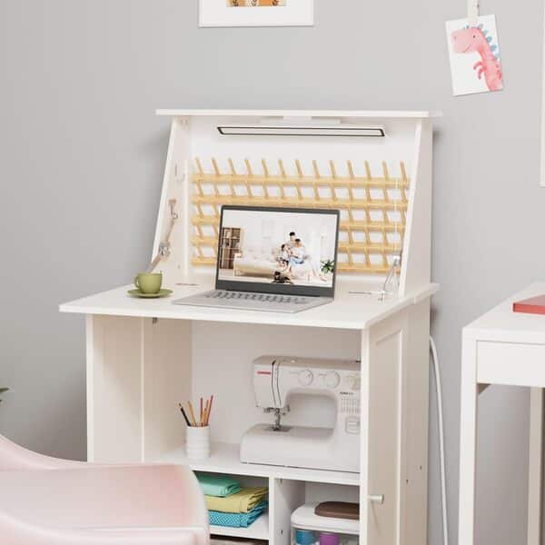 Crafit Table à coudre, bureau pour machine à coudre avec lumières sous armoire, station de charge, 65 bobines de fils, table de rangement multifonction avec étagères de rangement, design compact