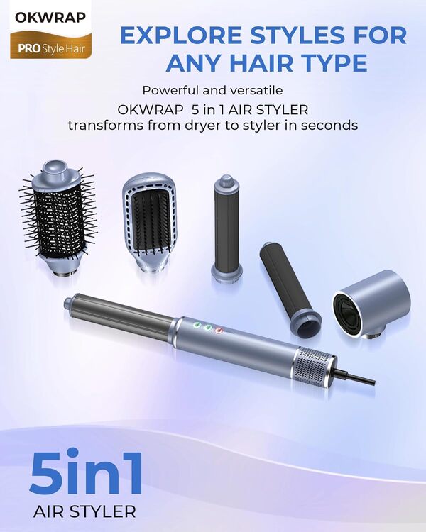 Airbrush 5 en 1 Air Styler OKWRAP Brosse Soufflante Hair Styler 110000 TR/MIM Seche Cheveux Avec Brosse Soufflante, 320 Million Ion Sèche Cheveux, Arricciacapelli ad aria, Léger, Faible Bruit