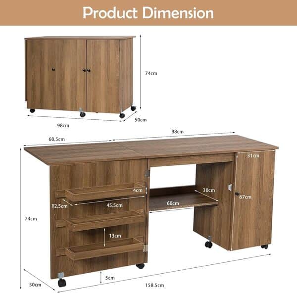 GOPLUS Table de Couture Pliable avec Roues Universelles (2 Verrouillables) et 4 Etagères de Rangement, Table pour Machine à Coudre 3 en 1 comme Bureau, Table Salon (L[158x50x74cm], Brun foncé)