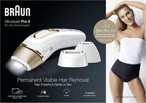 Braun IPL Silk-Expert Pro 5 Épilation à la Maison Blanc/Or, Alternative à l'épilation laser, avec étui, Système de Rasage Vénus, 3 têtes, Cadeau pour Femme