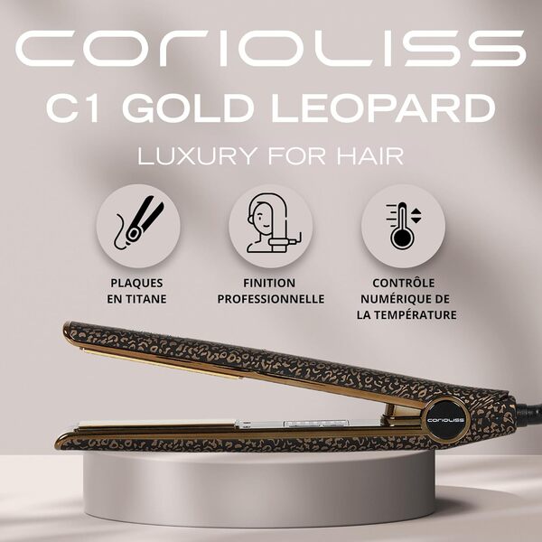 Corioliss C1 | Fer à Lisser pour femmes | Titanium de plaques et de curling pour cheveux fins | Fer professionnel avec contrôle de la température (Leopard Gold Soft Touch)