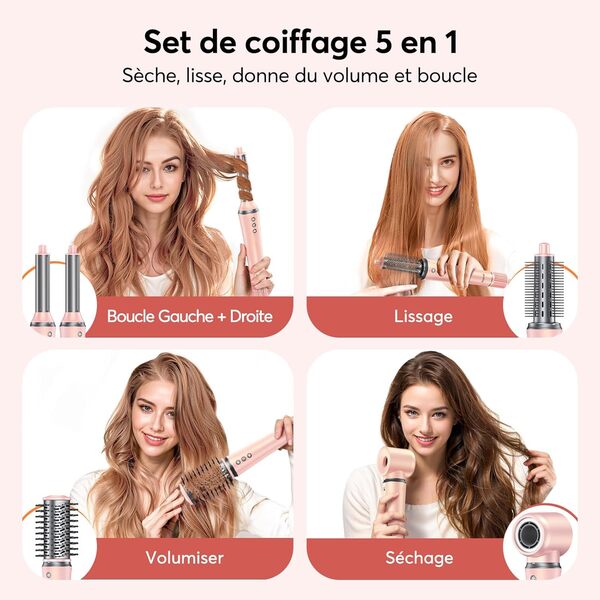 Bopcal Hair Styler 5 in 1 Brosse Soufflante - Fer a Boucler Automatique, Sèche Cheveux 110000 RPM, 300 Millions Ionique Négatif, Séchage Rapide, Boucleur, Volumineux et Lisses, pour Voyages et Cadeaux