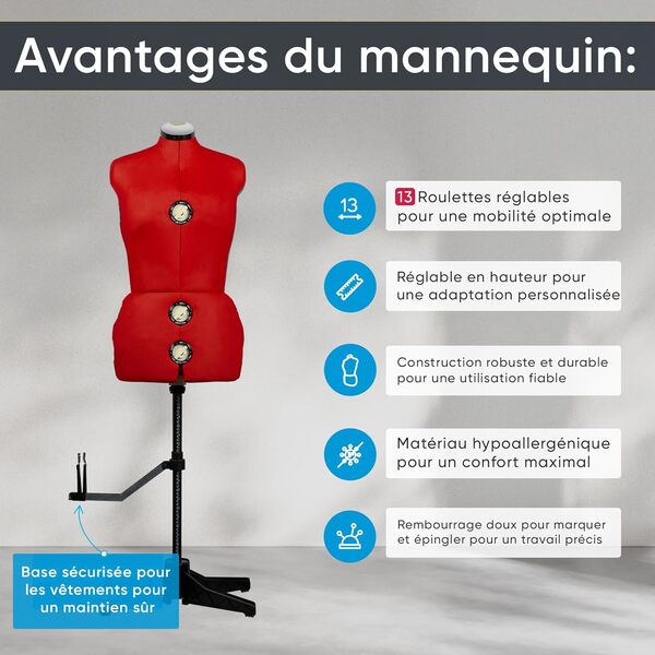 EFFEKTIV - Mannequin Couture Femme pour Exposition de Couturières, Mannequin Couture Femme Reglable en Hauteur, Design Ergonomique avec Fixateurs, 13 éléments, Taille S-L (36 - 44 Euro), Rouge