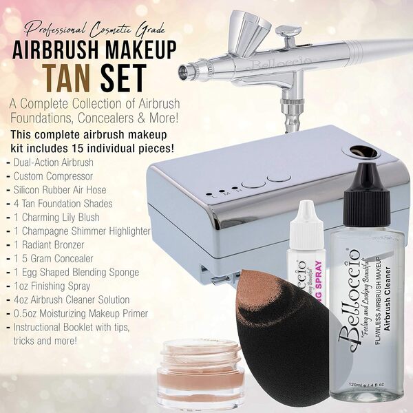 Belloccio Système de maquillage professionnel avec 4 teintes de fond de teint dans des flacons de 1/4 oz – Le kit comprend fard à joues, bronzeur et surligneur et 3 articles bonus et un DVD