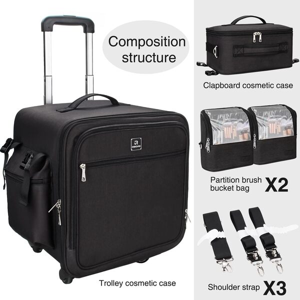 Relavel Mallette cosmétique 4 en 1 à roulettes, avec trousse de maquillage, trousse de maquillage portable, trousse de maquillage de voyage, trousse de maquillage, 4 en 1, Coffret cosmétique 4 en 1