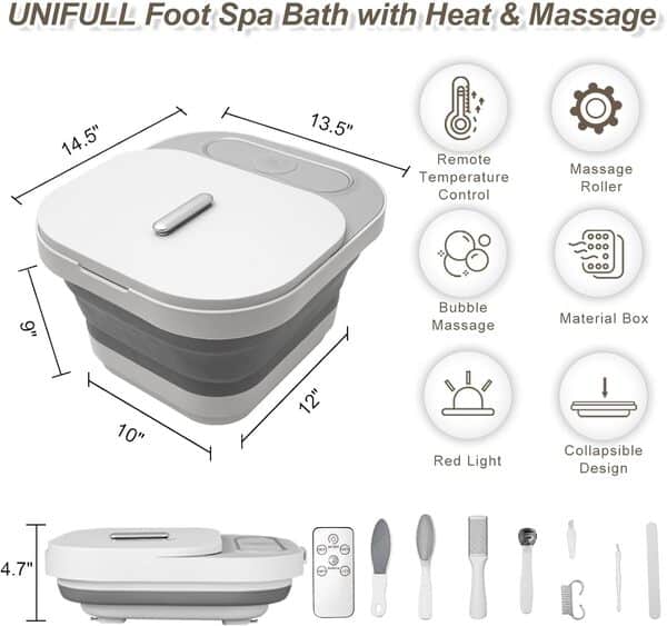 UNIFULL Baignoire spa pliable pour les pieds avec rouleaux chauffants et massants, bulles, kit de pédicure pour les pieds, contrôle de la température, lumière rouge, spa pédicure pieds, bain de pieds