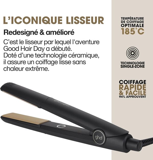 ghd - Lisseur ghd Original - Fer à lisser professionnel (Noir) - Pour des cheveux lisses, doux et brillants - Lissez, ondulez ou bouclez grâce à son design arrondi - Idéal pour tous types de cheveux