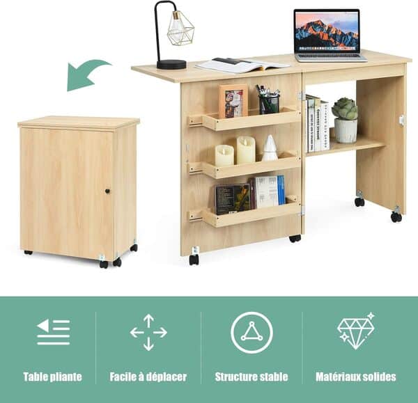 DREAMADE Table de Couture Pliante, Meuble Machine à Coudre en Bois avec 3 Étagères,Bureau Couture avec roulettes, 117X40X78CM (Couleur de Bois)
