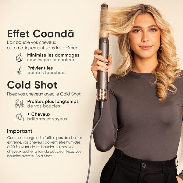 Largolash Brosse Soufflante & Air Styler, [135 000 RPM] Sèche-cheveux Ionique Haute Vitesse, séchage rapide, avec boucleur auto-wrap, volumateur, lisseur (Version de luxe) (Gris or)