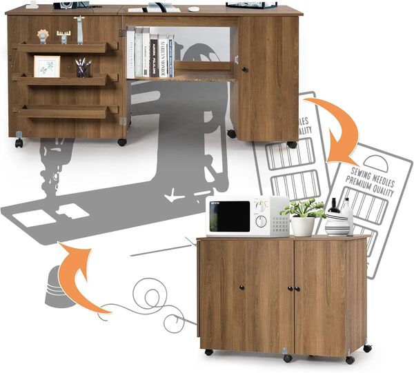 RELAX4LIFE Table de Machine à Coudre Pliable avec 4 Etagères et Armoire Latérale, Armoire à Machine à Coudre avec 6 roulettes et Freins, 158x50x74CM, Blanc/Naturel/Brun (L, Brun)