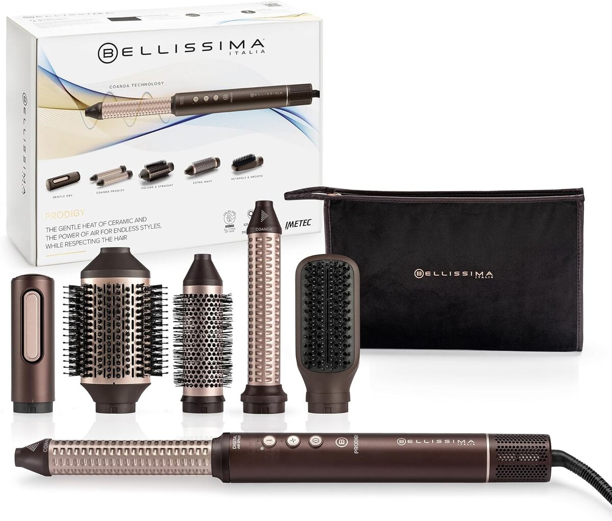 Test de la brosse soufflante Bellissima Styler Prodigy 1200W : technologie Coanda et accessoires polyvalents
