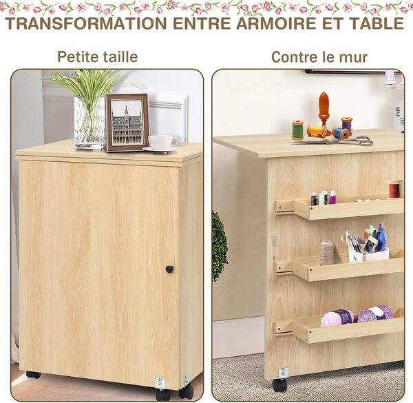 RELAX4LIFE Table Pliable pour Machine à Coudre avec 4 Etagères de Rangement, Armoire à Machine à Coudre avec Roulettes avec Freins, Table Pliable en MDF, 117 x 40 x 77 CM, Blanc/Naturel/Brun (Naturel)
