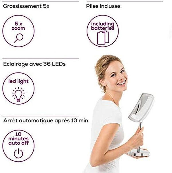 Beurer BS 99 Miroir sur pied, miroir de beauté à LED, pour le maquillage, grossissement 5x, sur piles ou secteur