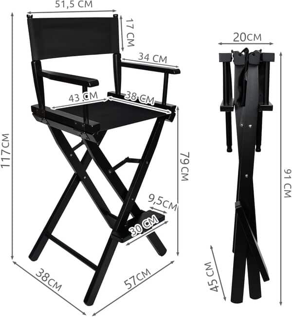 Beautylushh Chaise de Maquillage Universelle – Capacité de Charge Jusqu'à 140 kg – Tissu Oxford 600 Imperméable – Chaise Pliante Noire en Bois et Fer pour Studio, Salon et Déplacements 25414