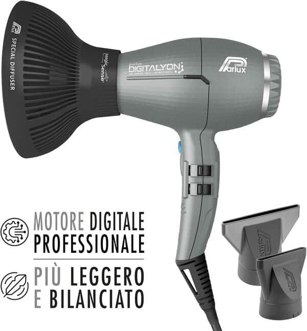 Parlux Pack Digitalyon avec diffuseur MagicSense. Sèche-cheveux professionnel numérique avec ions négatifs. Très léger et puissant. Fabriqué en Italie (gris pailleté)