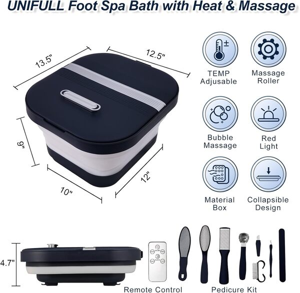 UNIFULL Bain de pieds pliable avec chaleur, télécommande, rouleaux de massage, bulle, kit de pédicure pour les pieds, lumière rouge, spa pour pédicure, bain de pieds pour cadeaux