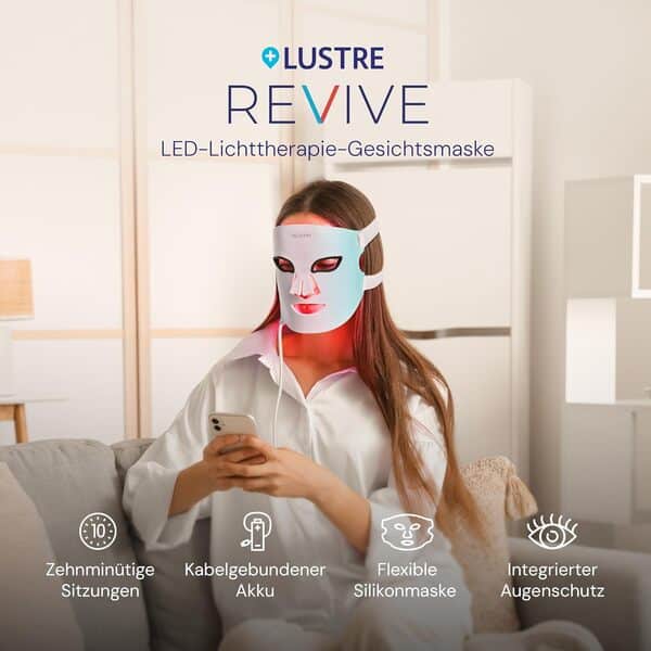 LUSTRE® Masque Revive ClearSkin,Pour peaux sujettes aux imperfections et fatiguées,Peau plus claire et plus fraîche avec lumières LED bleues et rouges,Idéal pour les voyages