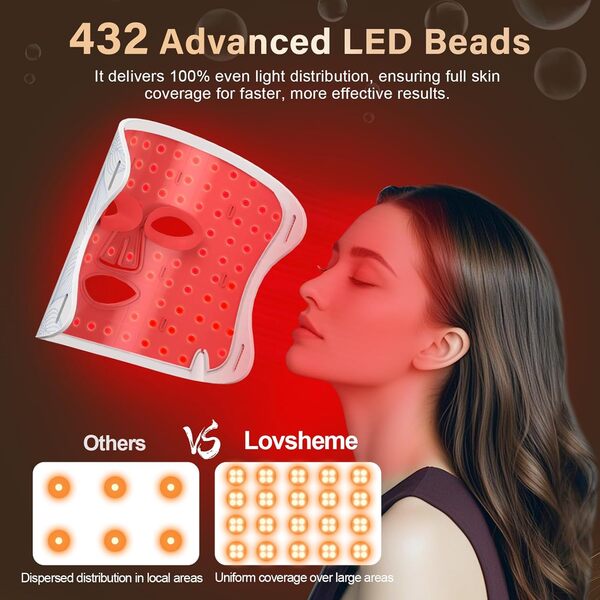 Lovsheme Masque de thérapie par lumière rouge pour le visage, masque de thérapie par la lumière à DEL, 5 modes d'éclairage, 432 perles lumineuses haute densité, masque de thérapie par la lumière rouge
