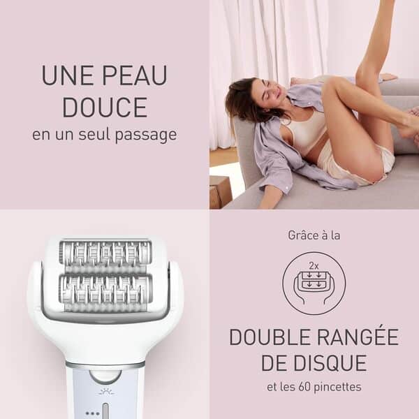 Panasonic ES-EY90-A503 Épilateur Wet &Dry, Double Disque 60 Pinces, Tête Flexible Pivotante 90°, 3 Vitesses et LED, 30 Minutes d'Autonomie, sans Fil, Épilateur, Tête Rasoir, Tête de Soin des Pieds