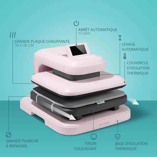 LOKLiK ImPress Auto Heat Press 2 - Presse à transfert automatique pour personnaliser des t-shirts, pulls, couvertures, serviettes, sacs et autres textiles (Rose)