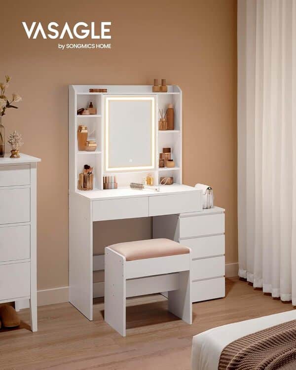 VASAGLE Kailyn Collection - Coiffeuse avec LED, 3 Luminosités Réglables, Table de Maquillage avec Miroir, Tiroirs, Compartiments Ouverts, Tabouret, Étagères Réglables, Moderne, Blanc Nuage RDT125W01