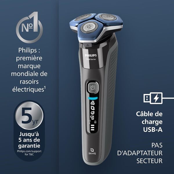 Philips Rasoir électrique Série 7000 pour homme Wet & Dry avec tondeuse rétractable, socle de charge, coffret de voyage et brossette de nettoyage (modèle S7887/35)
