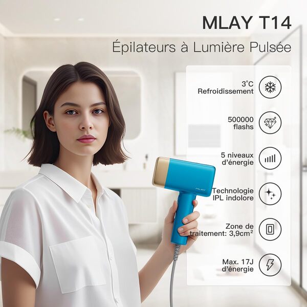 MLAY T14 IPL Epilateur Lumiere Pulsee, 0,5s/flash,500 000Flashs, Épilateur Laser Définitif avec Fonction de Refroidissement, Appareil IPL pour Visage/Aisselles/Maillot