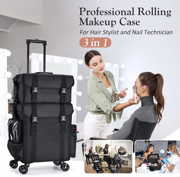 Valise Maquillage Professionnel 2 en 1 Valise de Coiffeur avec 8 tiroirs Mallette de Maquillage avec roulettes Trolley cosmétique Valise à Ongles Beauty Case, Noir