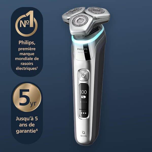 Philips S9000 - rasoir électrique Wet & Dry pour hommes couleur Chrome foncé, lames Lift & Cut, technologie SkinIQ, tondeuse à barbe, Clean Pod, socle de charge et étui de transport (modèle S9974/55)