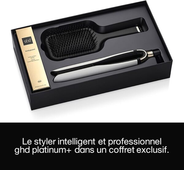 ghd - Lisseur Platinum+ - Fer à lisser professionnel (Blanc) - Des cheveux 75% plus brillants et 70% plus forts - S'adapte aux besoins de vos cheveux - Brosse ghd et Spray thermoprotecteur inclus