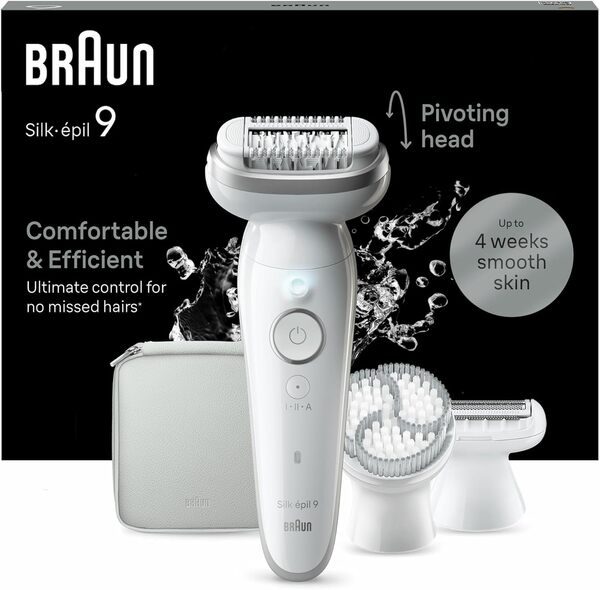 Braun Silk-épil 9 Épilateur Femme, Épilateur Électrique Femme Avec Tête Flexible Pour Une Épilation Simple, Wet & Dry, Peau Lisse Longue 9-061, Blanc/Argent