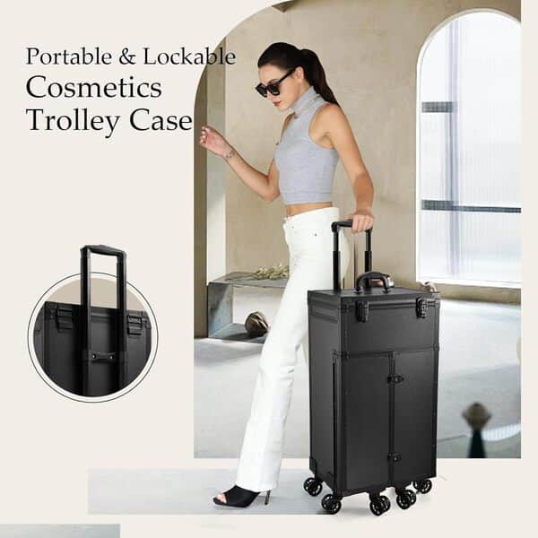 Valise de Maquillage Professionnel avec 6 Roues Malette Maquillage Valise Onglerie Station de Maquillage Portable Trolley Maquillage avec Plusieurs Compartiments Valise Coiffure, Noir Profond