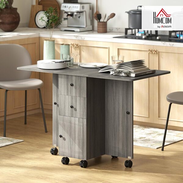 HOMCOM Table de Cuisine Pliable Table à Manger Pliante 2 Plateaux rabattables avec 2 tiroirs 1 Placard et 1 étagère de Rangement 120 x 60 x 76,5 cm - Gris foncé