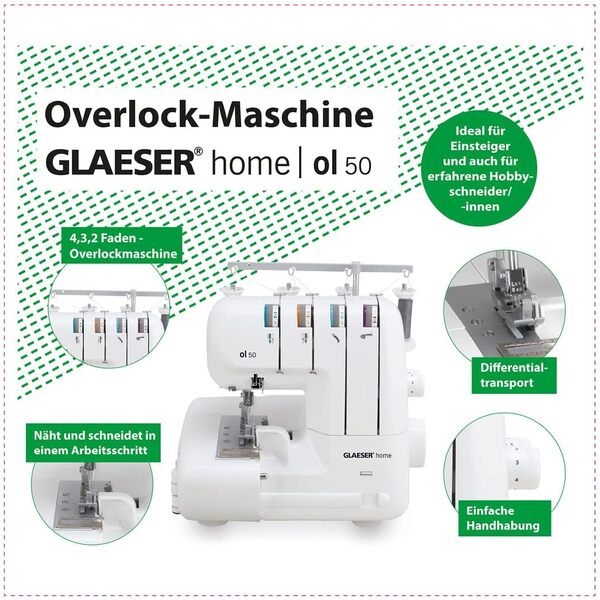 Glaeserhome Machine à coudre surjeteuse ol 50 - Coud et coupe en une seule étape de travail - Machine à coudre surjeteuse avec longueur de point réglable - Facile à utiliser