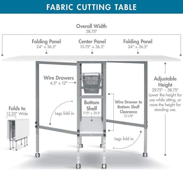 Sew Ready Table de Couture, Treillis métallique et métal, Argent/Blanc, 152,4 x 91,4 x 76,8-99,7 cm (l x P x H)