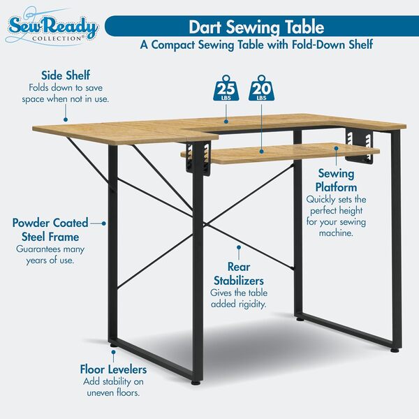 Sew Ready Table de Couture avec Plateau Rabattable Graphite/Frêne Noir