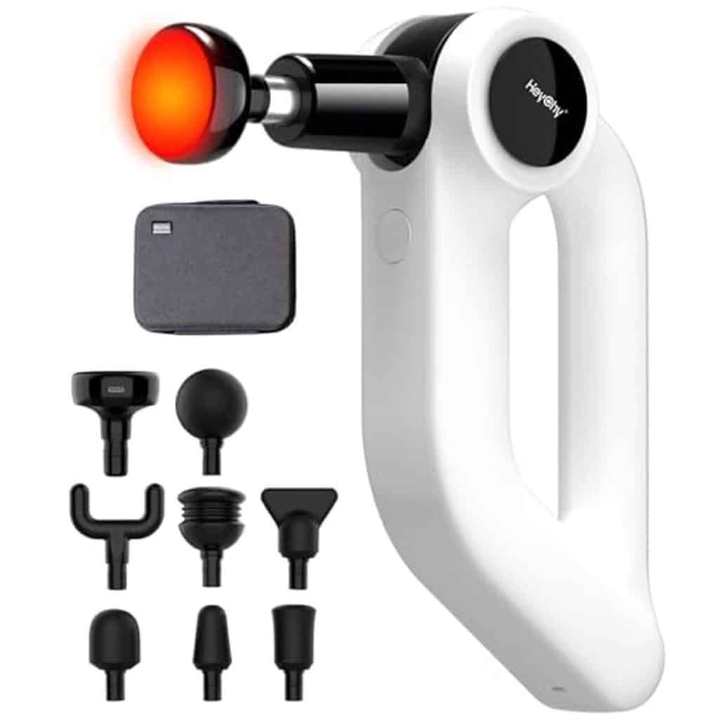 Test du pistolet de massage avec chaleur, amplitude 12 mm : 5 vitesses et 8 accessoires
